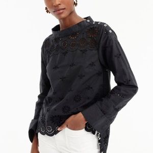 J. Crew Black Eyelet Funnel Neck Top